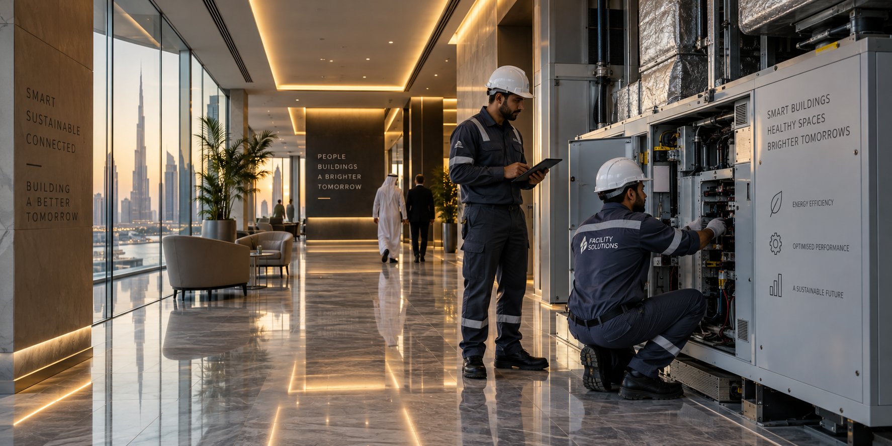Technical specialists inspecting modern commercial building glass facade and structural systems